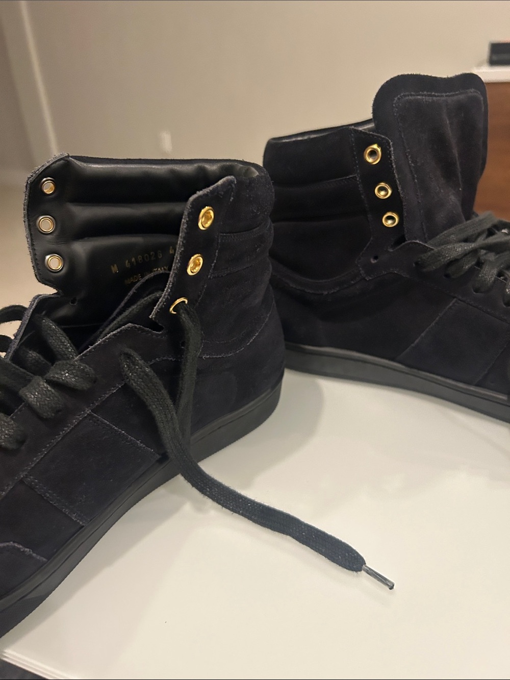 Yves Saint Laurent Black Suede High-Top Sneakers with Gold Eyelets - Picture 3 of 6